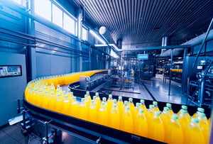 Bottles of Juice on Conveyor Belt at a food and beverage processing facility